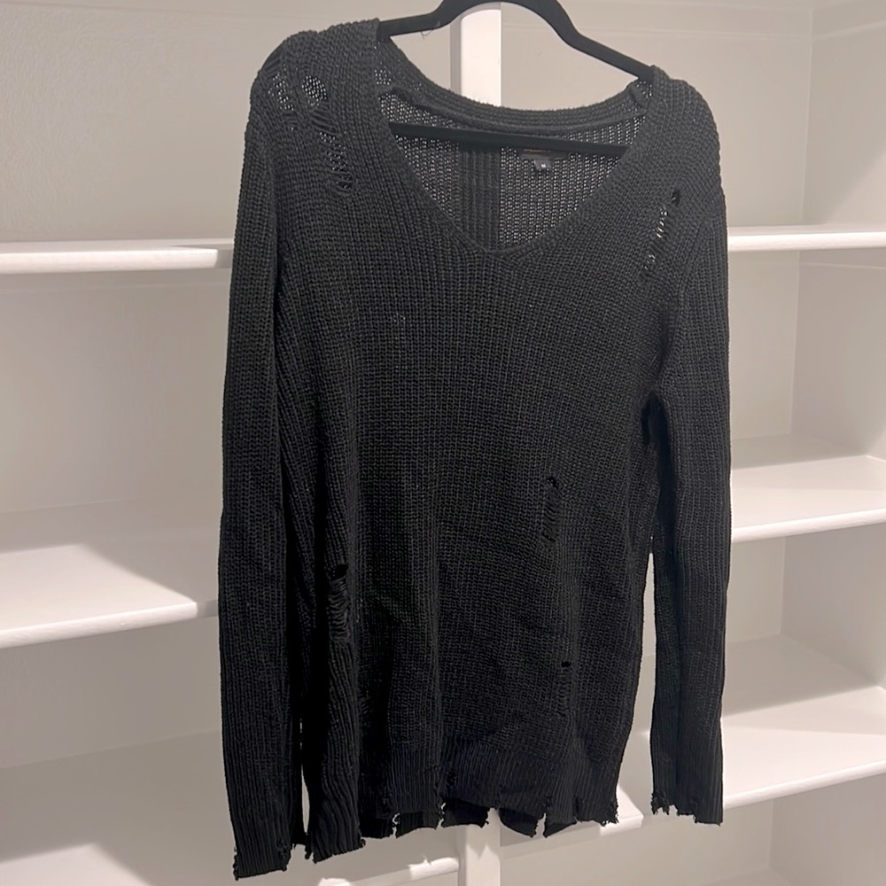 Distressed Long Lightweight V Neck Sweater